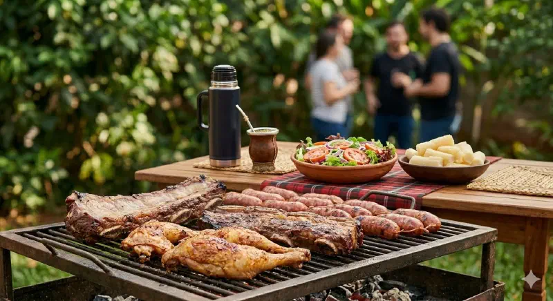 Traditional Paraguayan asado on a rustic metal grill with ribs (costilla), chorizo sausages, and chicken drumsticks in a sunny garden.