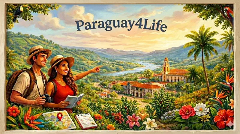 Ilustración de una pareja con una guía frente a un paisaje de Paraguay con río, colinas e iglesia colonial – Paraguay4Life