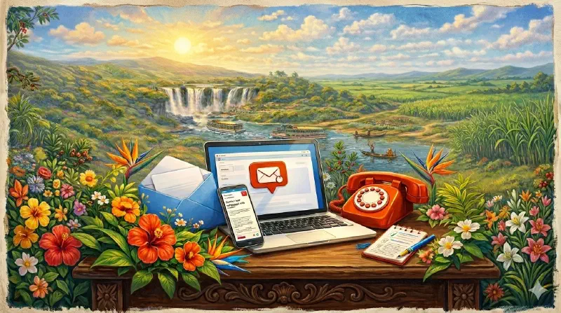 Contact paraguay4life – laptop, smartphone and red phone in front of Paraguayan landscape