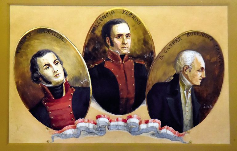 Historical depiction of Fulgencio Yegros, José Gaspar Rodríguez de Francia, and Pedro Juan Caballero