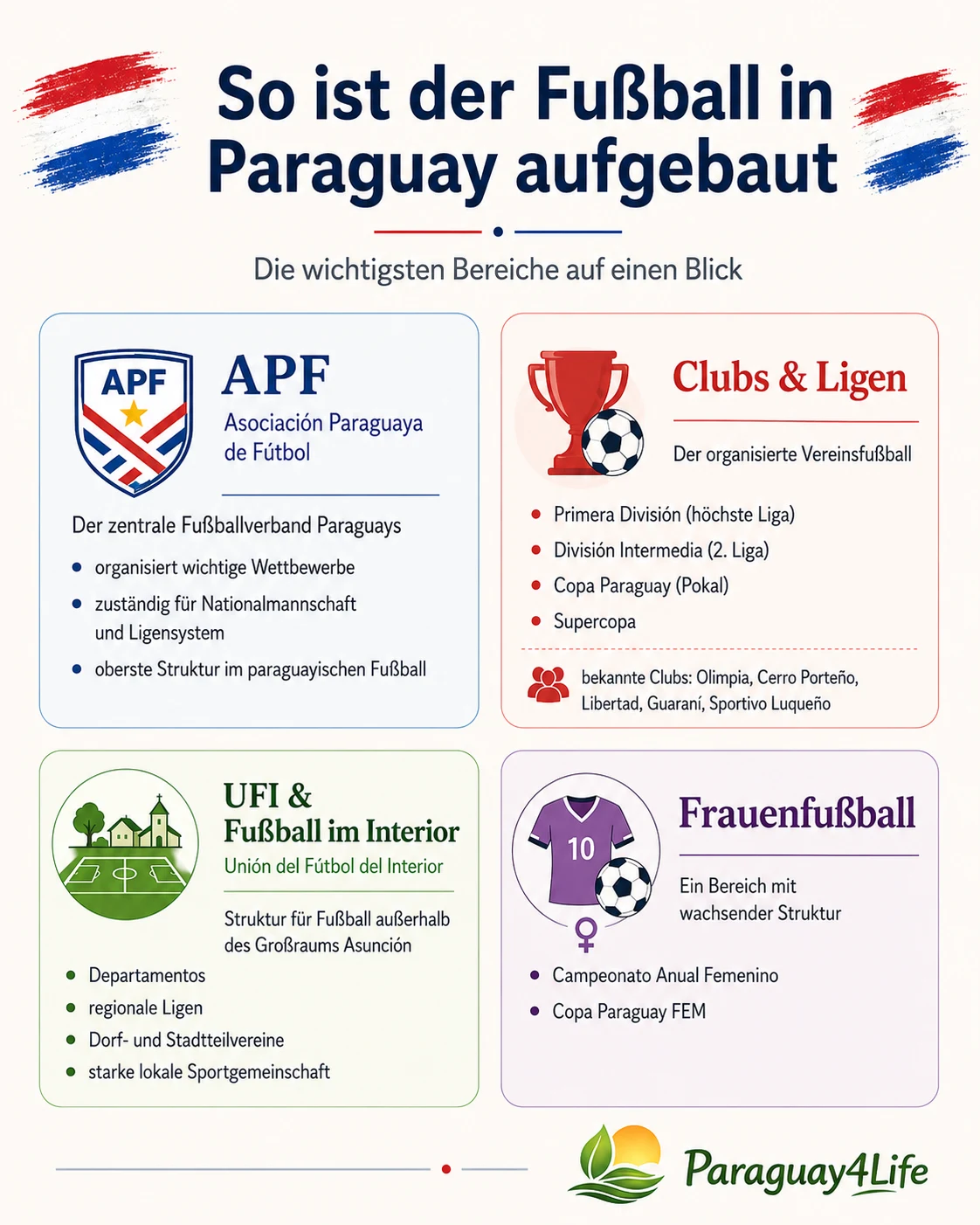 Infografik zur Fußballstruktur in Paraguay mit APF, Clubs und Ligen, UFI und Frauenfußball