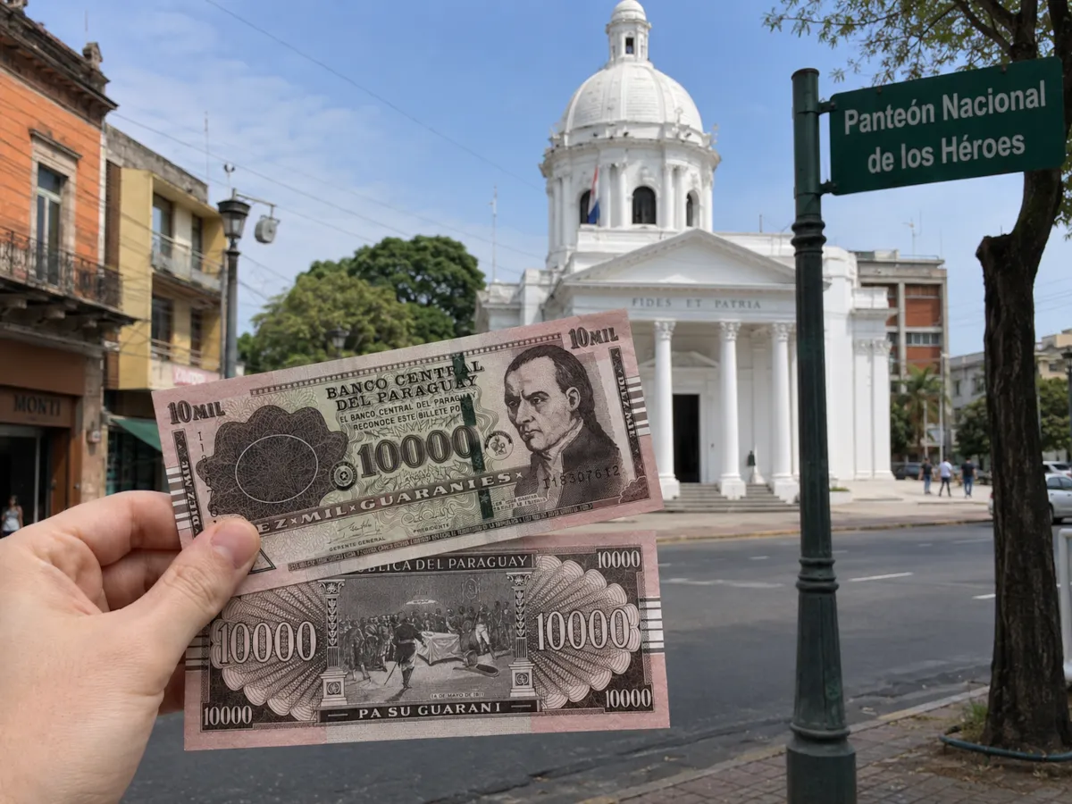 Front and back of a Paraguayan 10,000 guaraníes banknote in front of the Panteón Nacional de los Héroes in Asunción