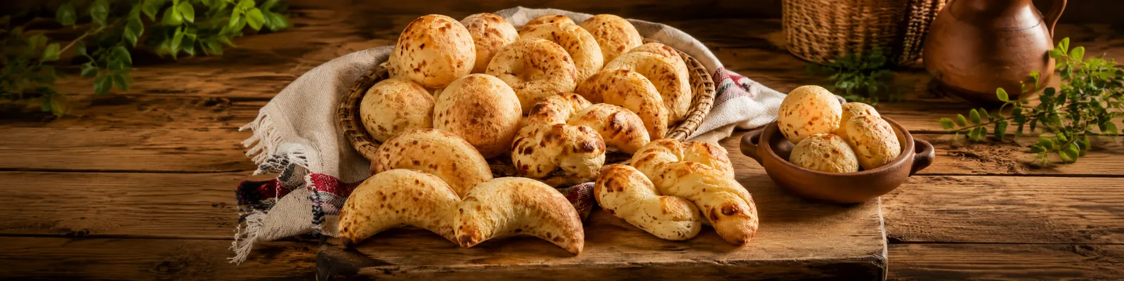 Diferentes formas de Chipa paraguaya sobre una mesa de madera