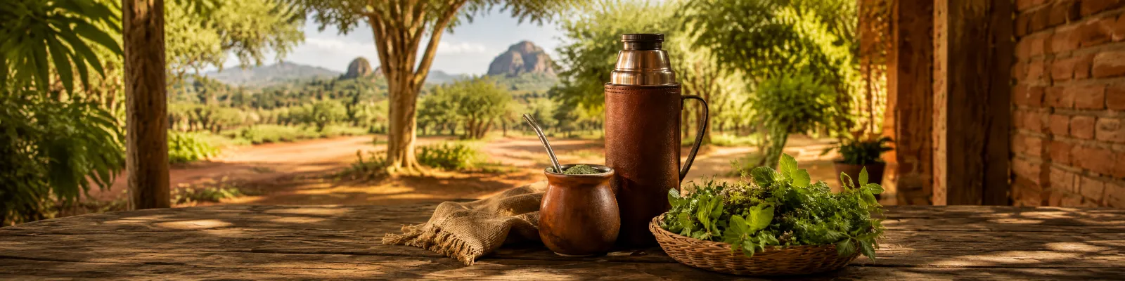 Tereré con guampa, termo y yuyos frescos a la sombra