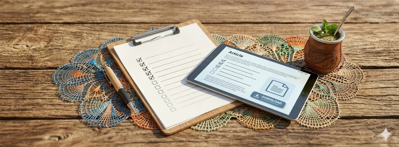 Checklist and tablet with a download notice on a wooden table with tereré and ñandutí decoration
